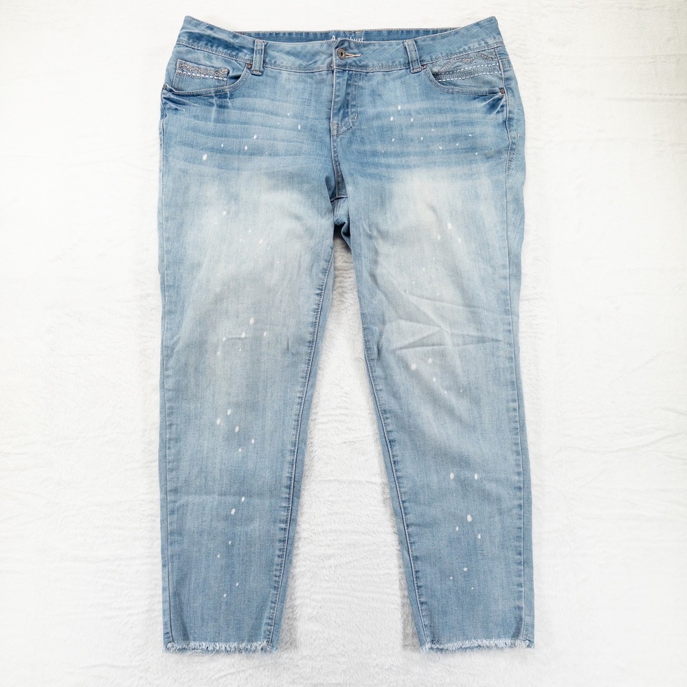 Amethyst Ankle Jeans Womens 16 Blue Light Wash Bleach Splatter Frayed Hem
